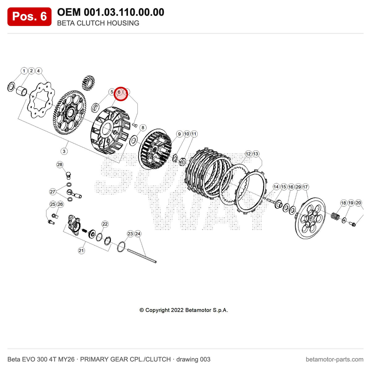 BETA CLUTCH HOUSING – OEM 001.03.110.00.00, position 6 on the Beta EVO 300 4T MY26 primary gear cpl./clutch drawing