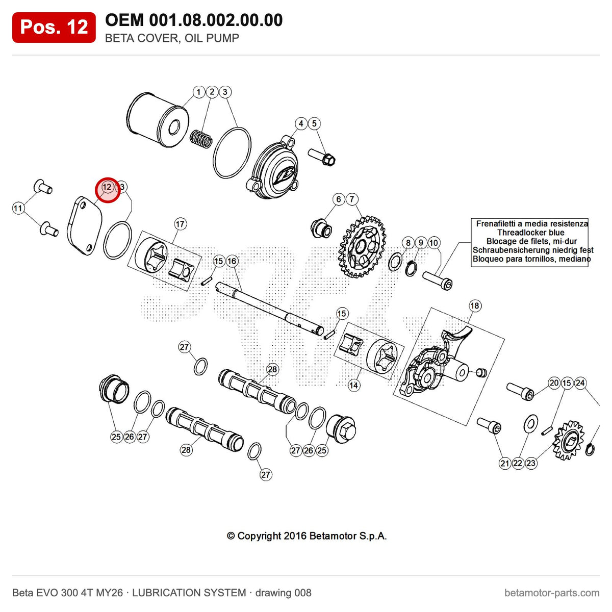 BETA COVER, OIL PUMP – OEM 001.08.002.00.00, position 12 on the Beta EVO 300 4T MY26 lubrication system drawing