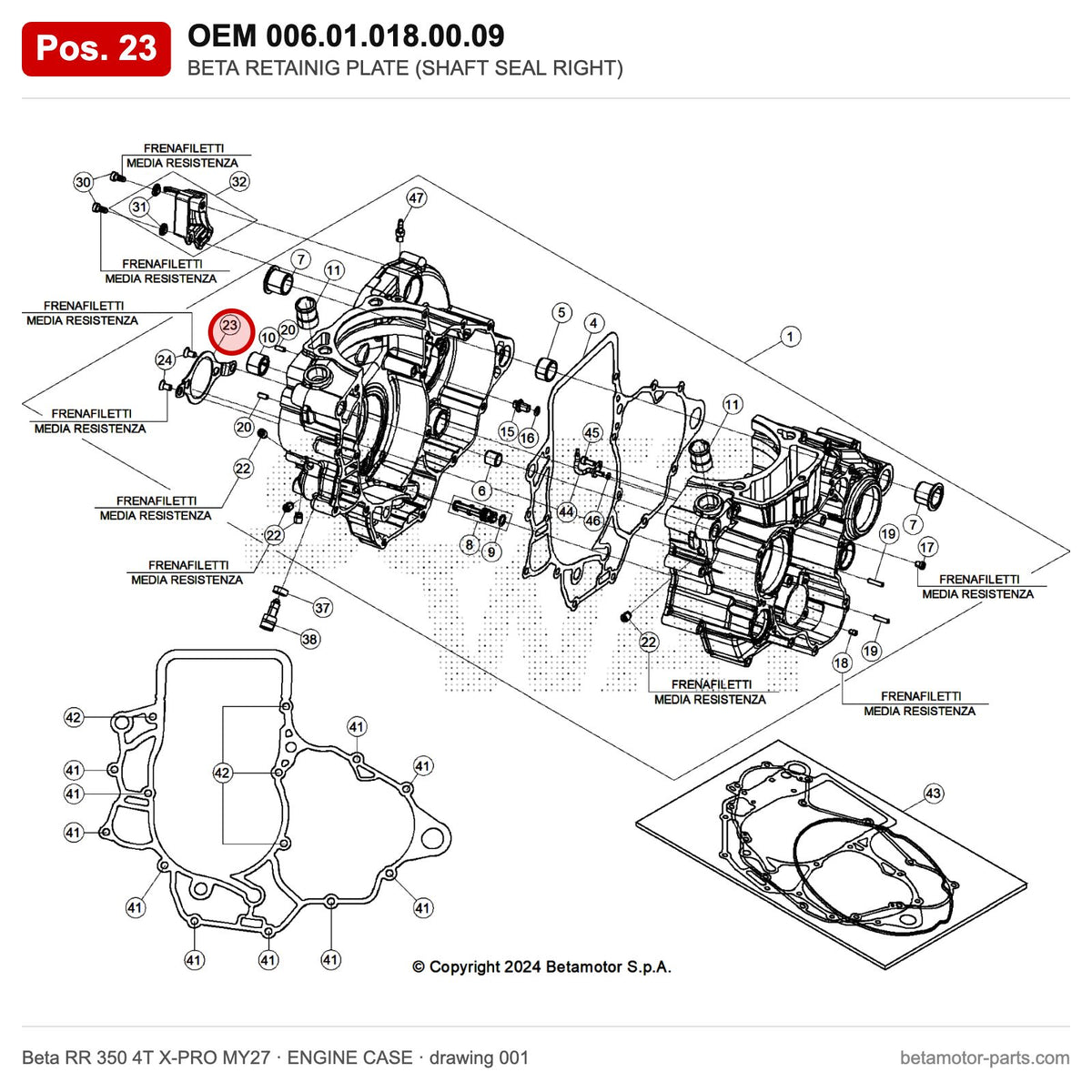 BETA RETAINIG PLATE (SHAFT SEAL RIGHT) – OEM 006.01.018.00.09, position 23 on the Beta RR 350 4T X-PRO MY27 engine case drawing