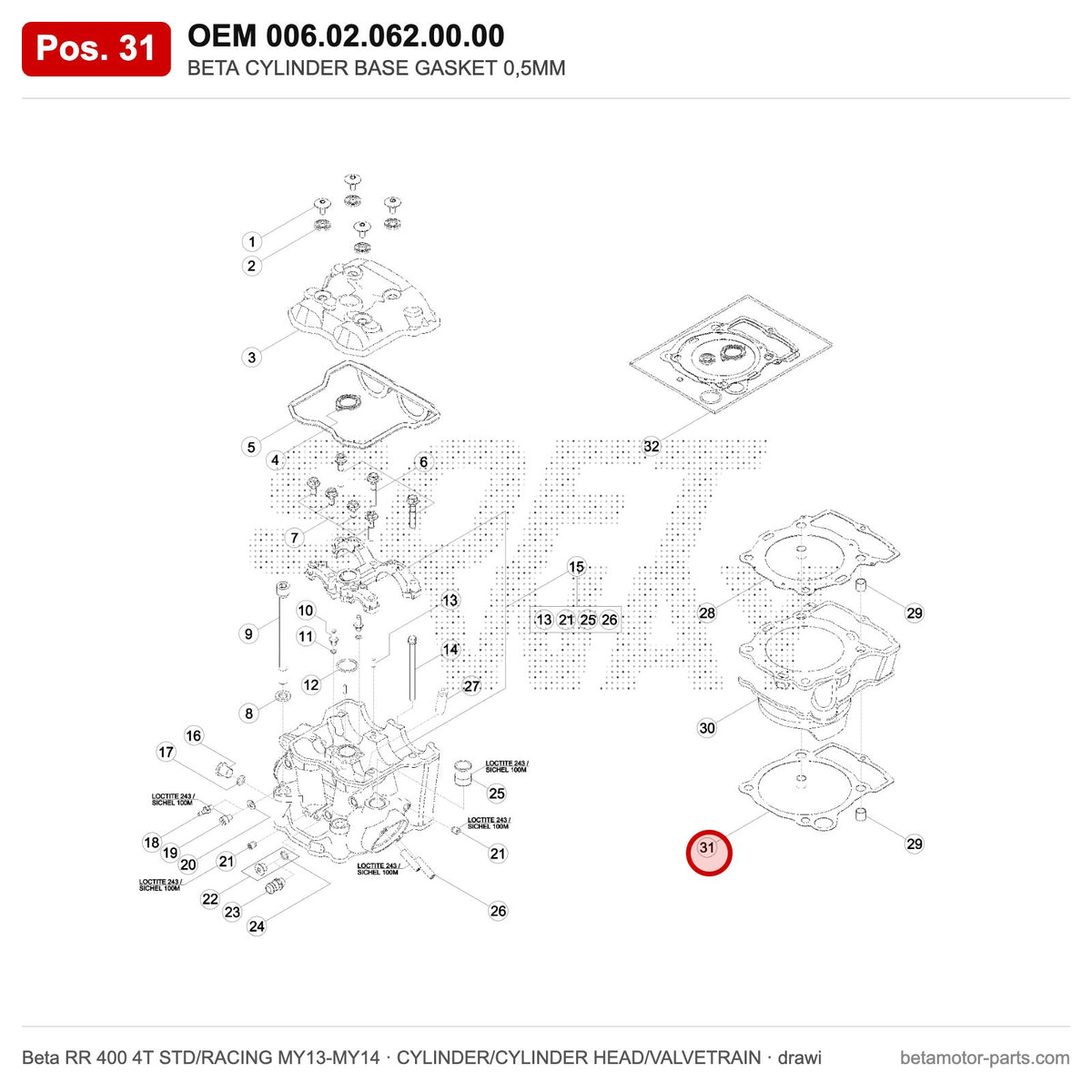 BETA CYLINDER BASE GASKET 0,5MM – OEM 006.02.062.00.00, position 31 on the Beta RR 400 4T STD/RACING MY13-MY14 cylinder/cylinder head/valvetrain drawing