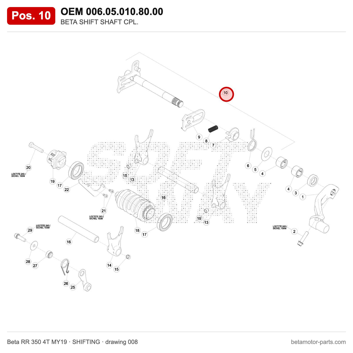 BETA SHIFT SHAFT CPL. – OEM 006.05.010.80.00, position 10 on the Beta RR 350 4T MY19 shifting drawing