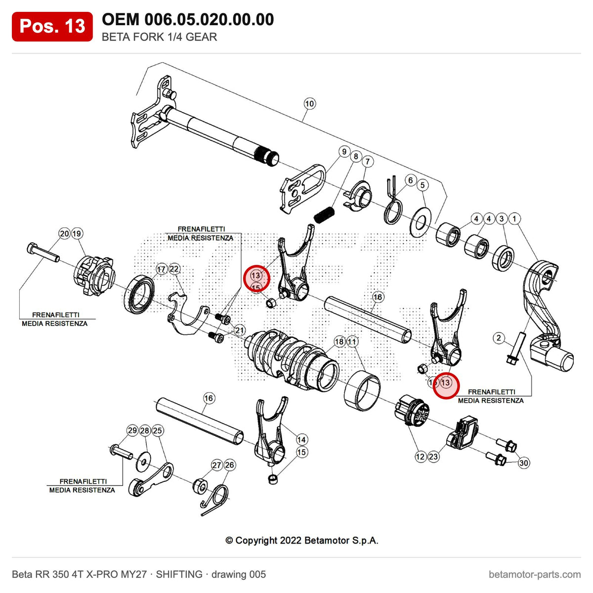 BETA FORK 1/4 GEAR – OEM 006.05.020.00.00, position 13 on the Beta RR 350 4T X-PRO MY27 shifting drawing