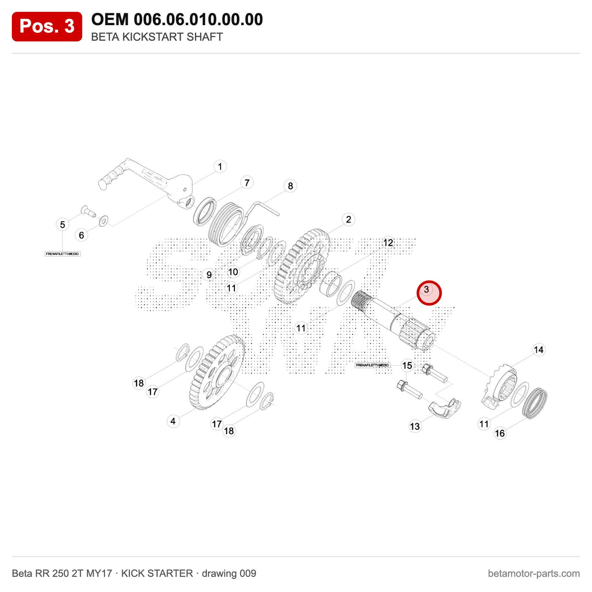 BETA KICKSTART SHAFT – OEM 006.06.010.00.00, position 3 on the Beta RR 250 2T MY17 kick starter drawing