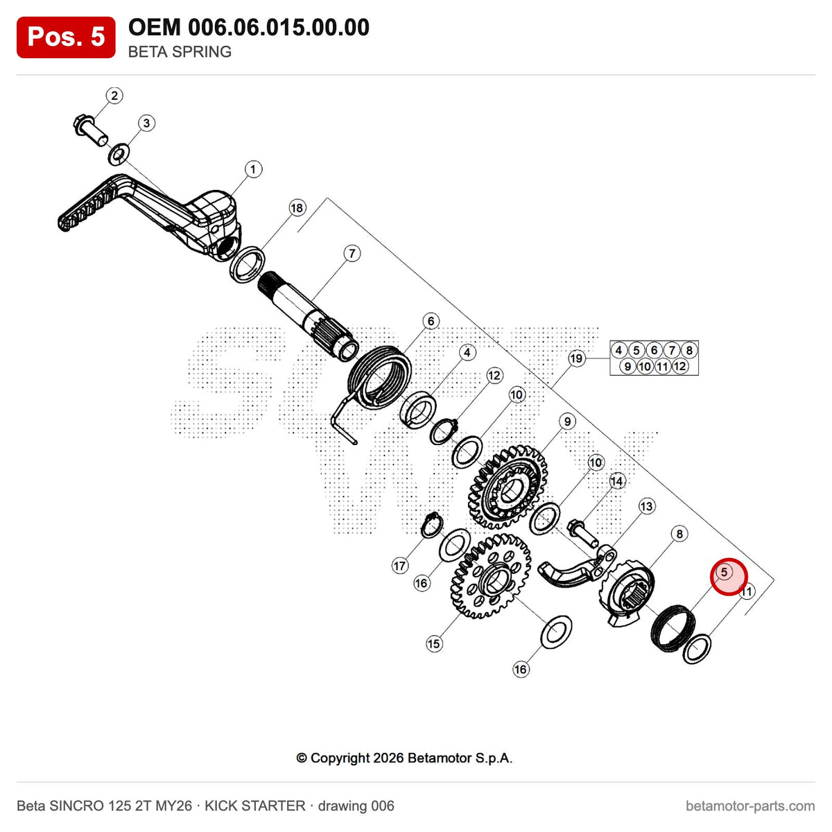 BETA SPRING – OEM 006.06.015.00.00, position 5 on the Beta SINCRO 125 2T MY26 kick starter drawing
