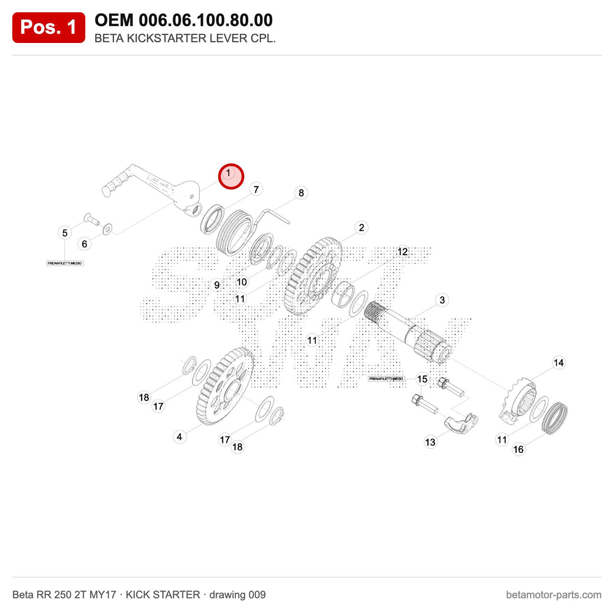 BETA KICKSTARTER LEVER CPL. – OEM 006.06.100.80.00, position 1 on the Beta RR 250 2T MY17 kick starter drawing