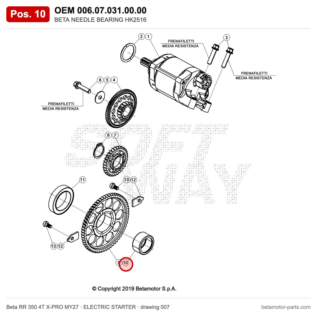 BETA NEEDLE BEARING HK2516 – OEM 006.07.031.00.00, position 10 on the Beta RR 350 4T X-PRO MY27 elettricstarter drawing