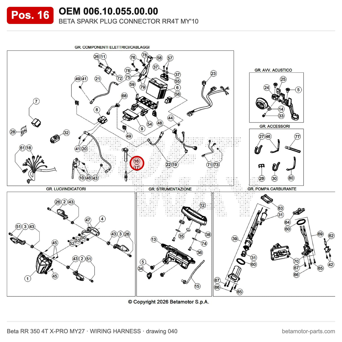 BETA SPARK PLUG CONNECTOR RR4T MY'10 – OEM 006.10.055.00.00, position 16 on the Beta RR 350 4T X-PRO MY27 wiring harness drawing