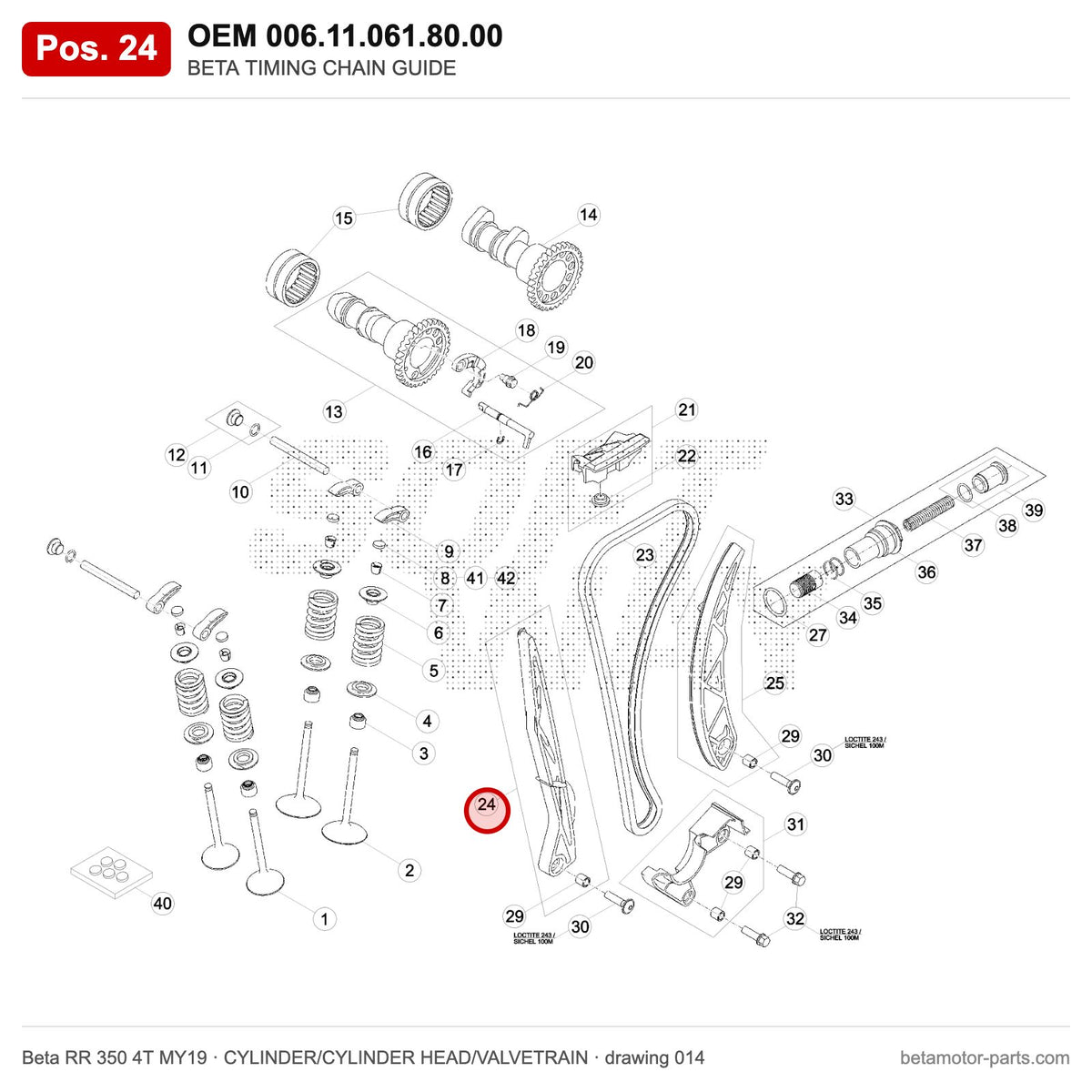 BETA TIMING CHAIN GUIDE – OEM 006.11.061.80.00, position 24 on the Beta RR 350 4T MY19 cylinder/cylinder head/valvetrain drawing