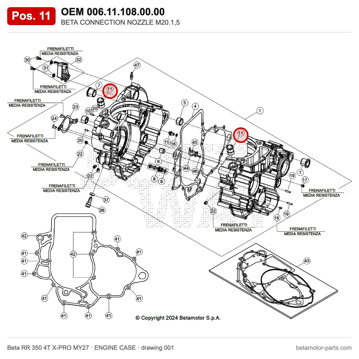 BETA CONNECTION NOZZLE M20.1,5 – OEM 006.11.108.00.00, position 11 on the Beta RR 350 4T X-PRO MY27 engine case drawing