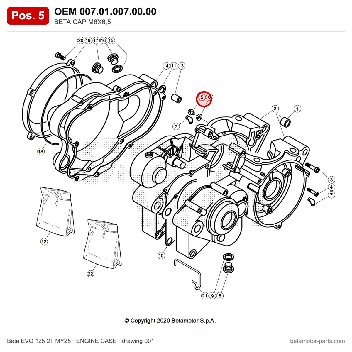BETA CAP M6X6,5 – OEM 007.01.007.00.00, position 5 on the Beta EVO 125 2T MY25 engine case drawing