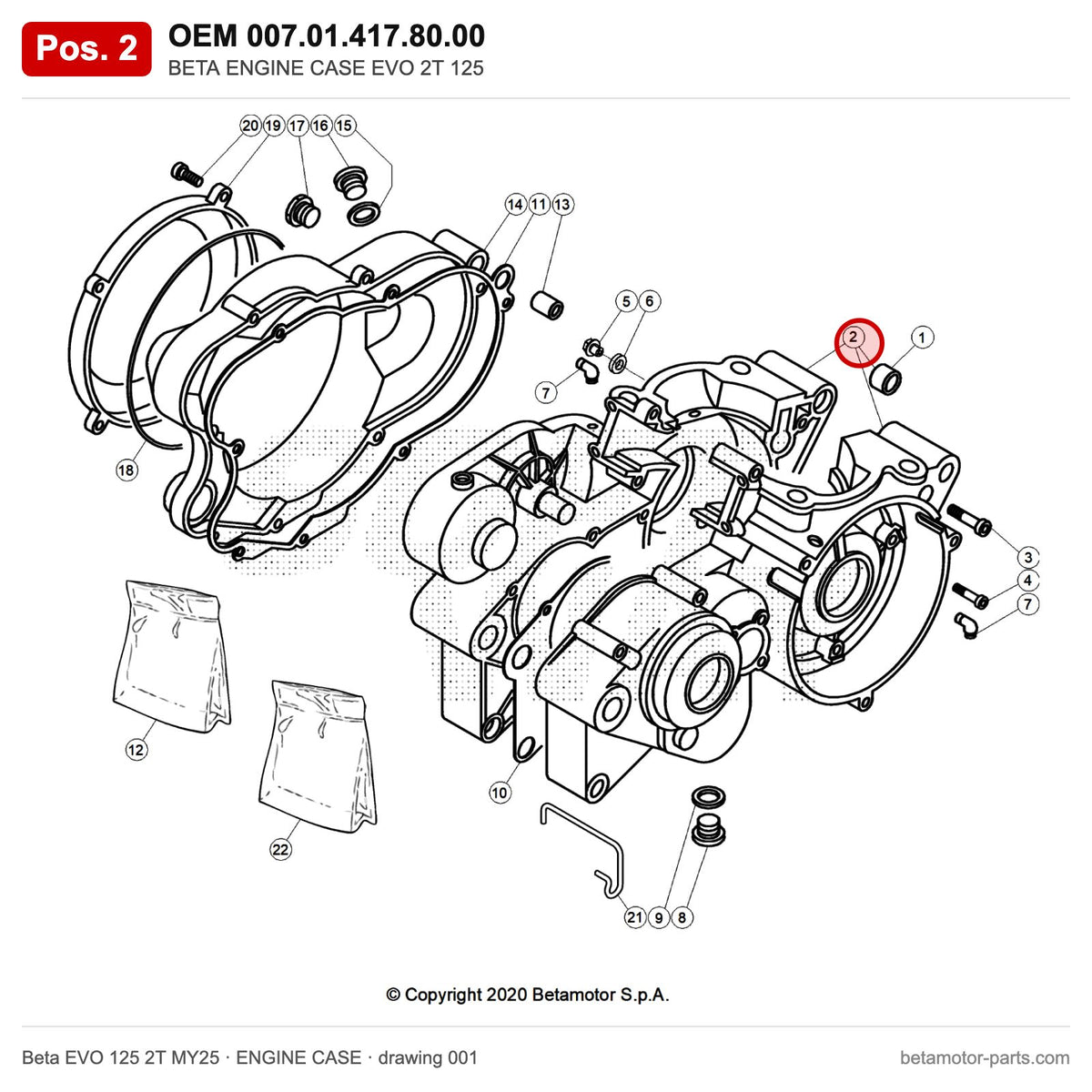 BETA ENGINE CASE EVO 2T 125 – OEM 007.01.417.80.00, position 2 on the Beta EVO 125 2T MY25 engine case drawing