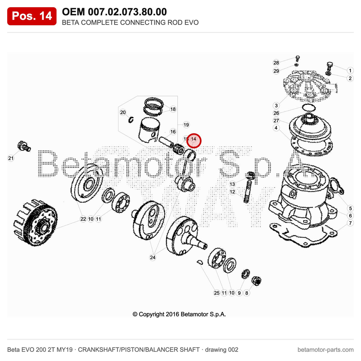 BETA COMPLETE CONNECTING ROD EVO – OEM 007.02.073.80.00, position 14 on the Beta EVO 200 2T MY19 crankshaft/piston/balancer shaft drawing
