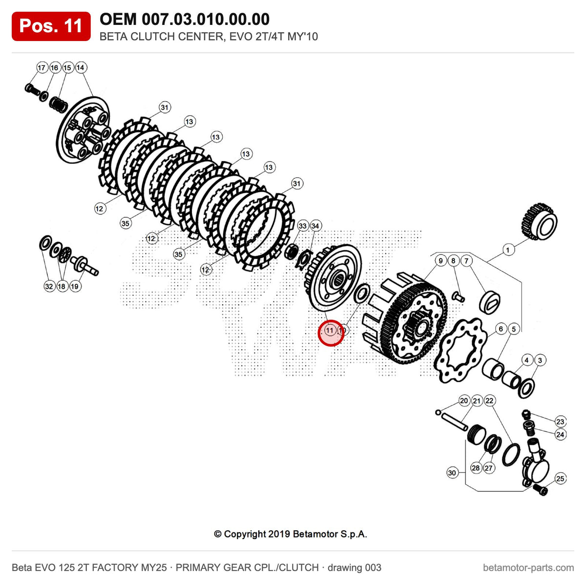 BETA CLUTCH CENTER, EVO 2T/4T MY'10 – OEM 007.03.010.00.00, position 11 on the Beta EVO 125 2T FACTORY MY25 primary gear cpl./clutch drawing