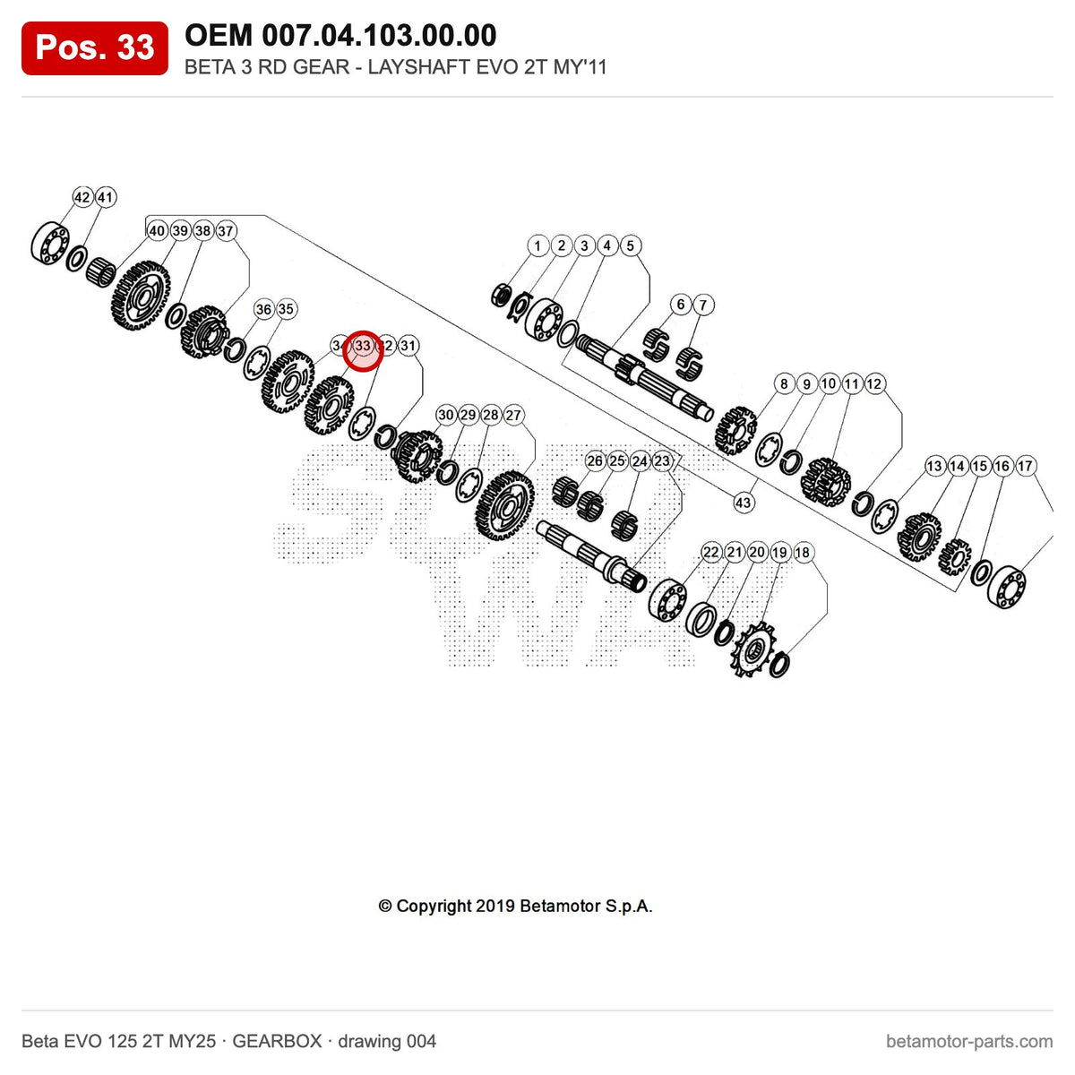 BETA 3 RD GEAR - LAYSHAFT EVO 2T MY'11 – OEM 007.04.103.00.00, position 33 on the Beta EVO 125 2T MY25 gearbox drawing