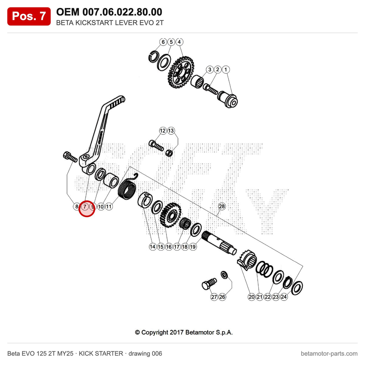 BETA KICKSTART LEVER EVO 2T – OEM 007.06.022.80.00, position 7 on the Beta EVO 125 2T MY25 kick starter drawing