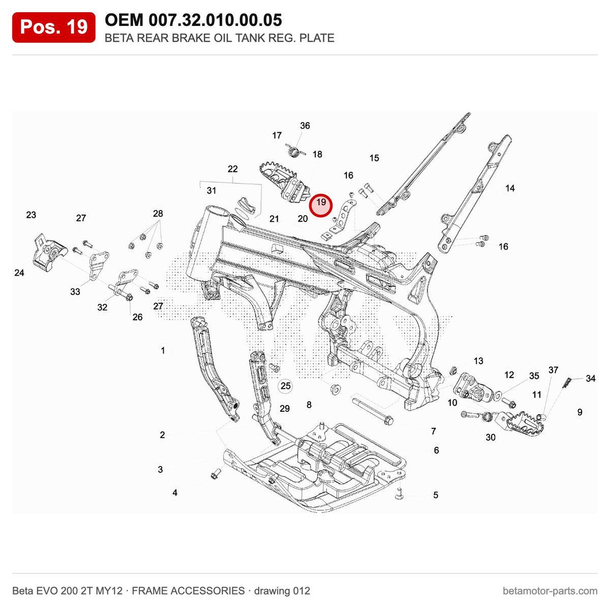 BETA REAR BRAKE OIL TANK REG. PLATE – OEM 007.32.010.00.05, position 19 on the Beta EVO 200 2T MY12 frame accessories drawing