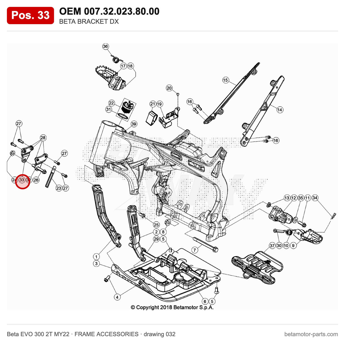BETA BRACKET DX – OEM 007.32.023.80.00, position 33 on the Beta EVO 300 2T MY22 frame accessories drawing