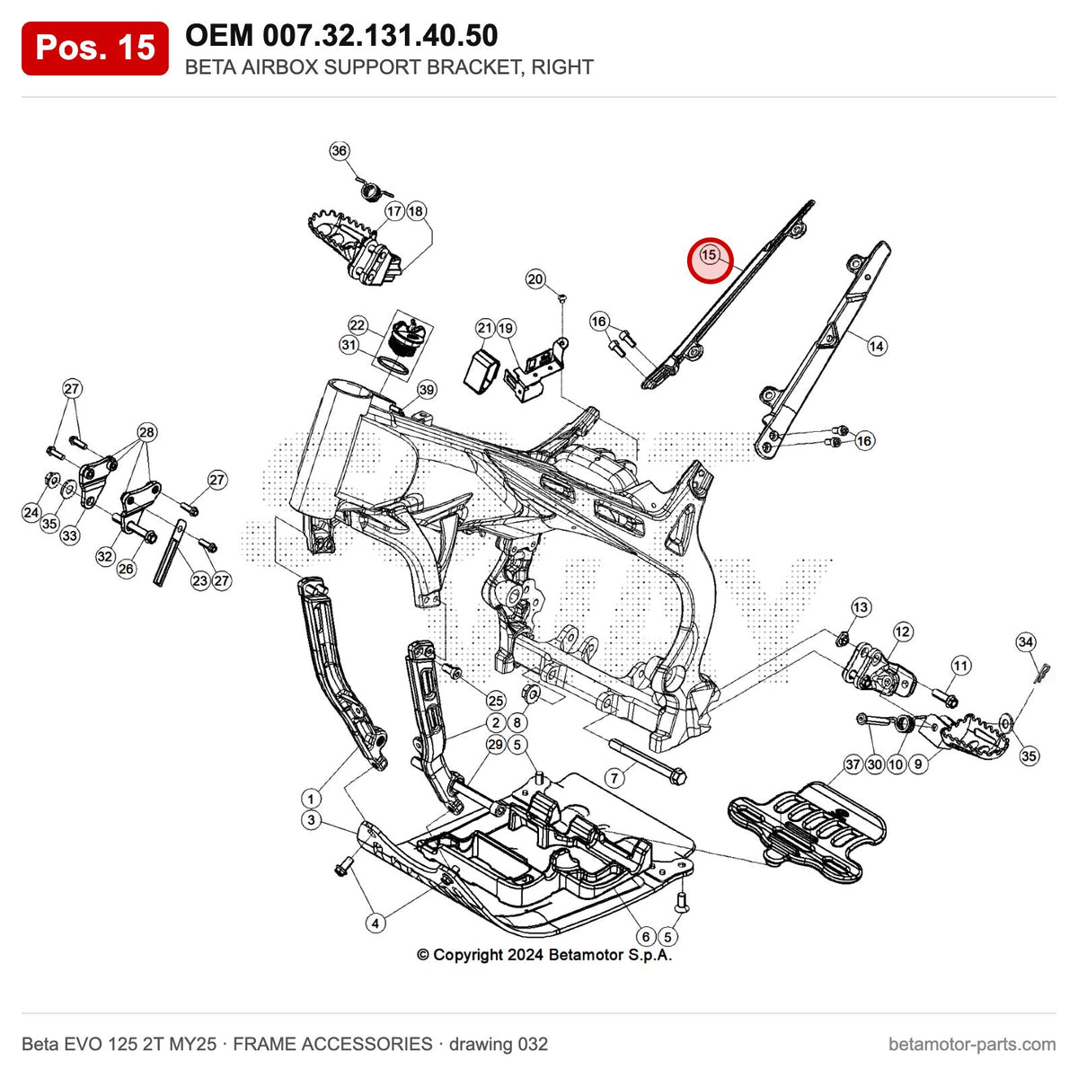 BETA AIRBOX SUPPORT BRACKET, RIGHT – OEM 007.32.131.40.50, position 15 on the Beta EVO 125 2T MY25 frame accessories drawing
