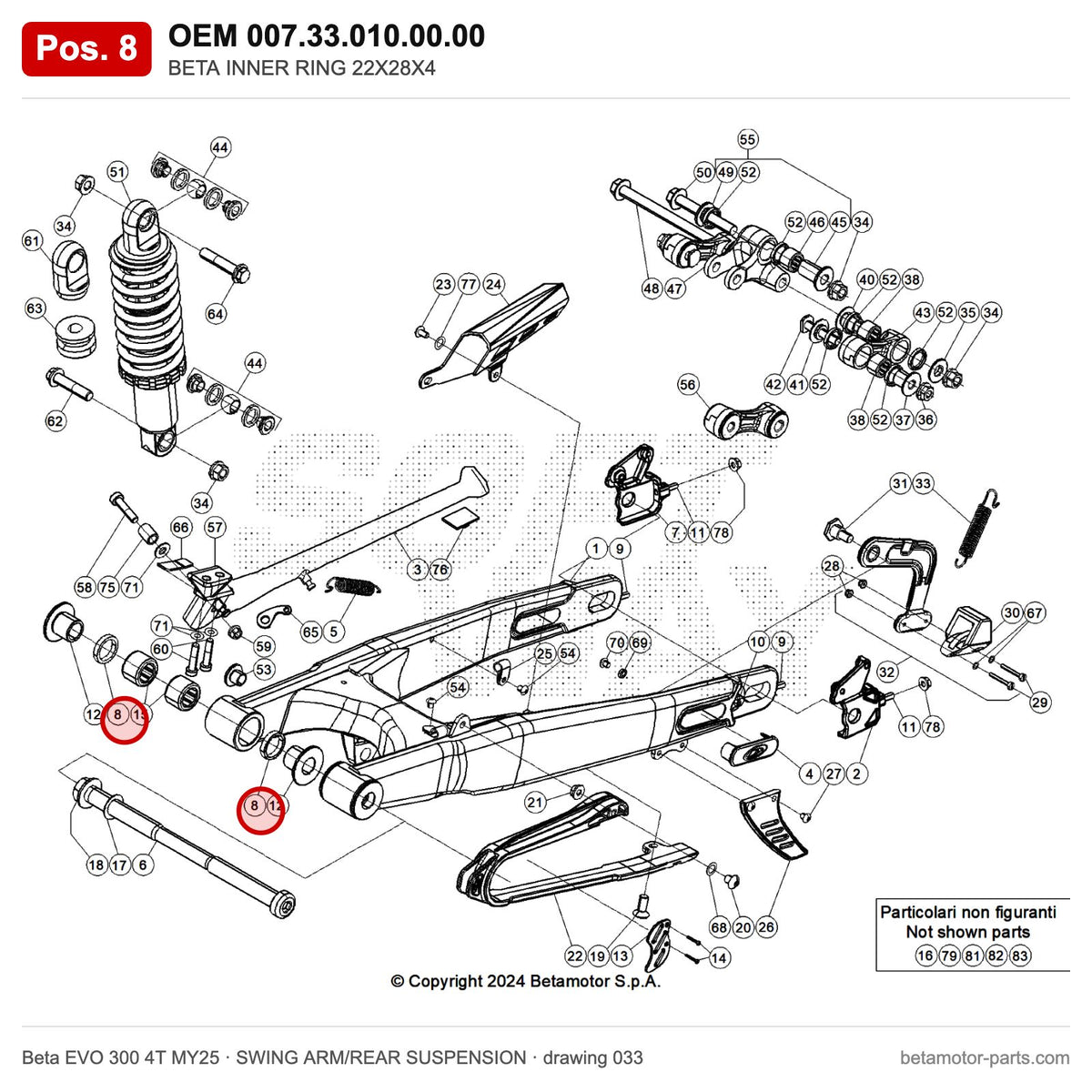 BETA INNER RING 22X28X4 – OEM 007.33.010.00.00, position 8 on the Beta EVO 300 4T MY25 swing arm/rear suspension drawing