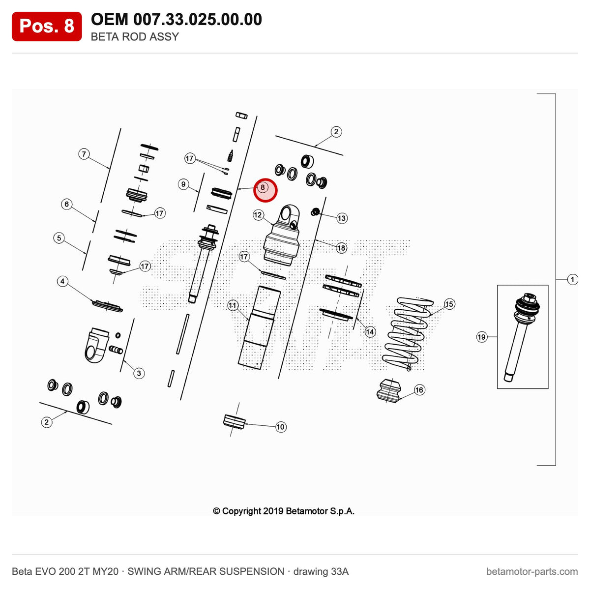 BETA ROD ASSY – OEM 007.33.025.00.00, position 8 on the Beta EVO 200 2T MY20 swing arm/rear suspension drawing