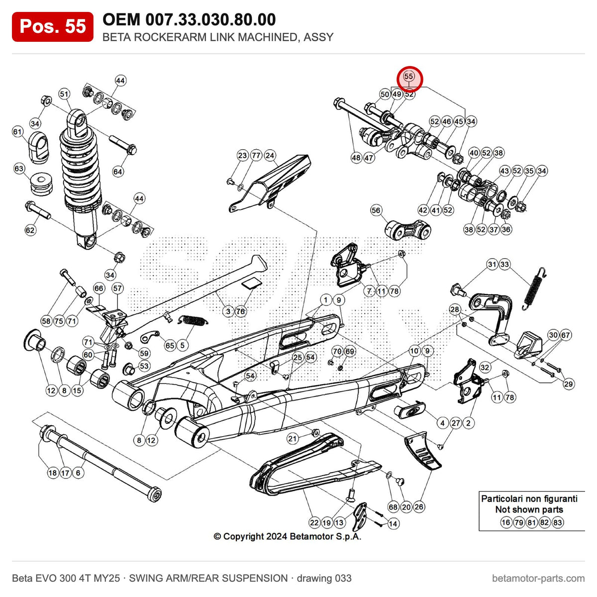 BETA ROCKERARM LINK MACHINED, ASSY – OEM 007.33.030.80.00, position 55 on the Beta EVO 300 4T MY25 swing arm/rear suspension drawing