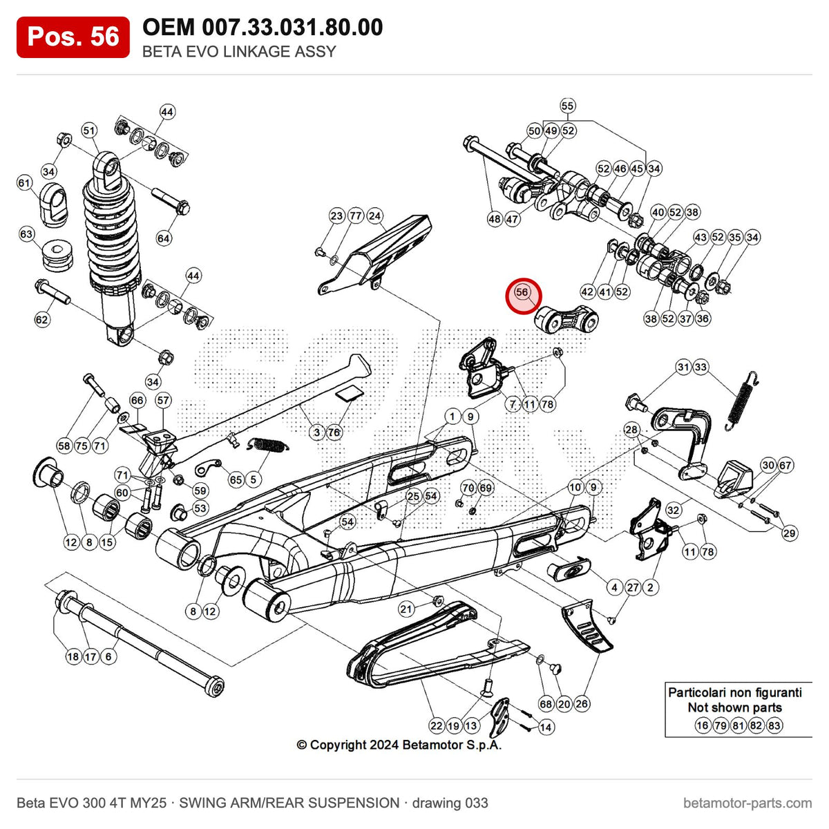 BETA EVO LINKAGE ASSY – OEM 007.33.031.80.00, position 56 on the Beta EVO 300 4T MY25 swing arm/rear suspension drawing