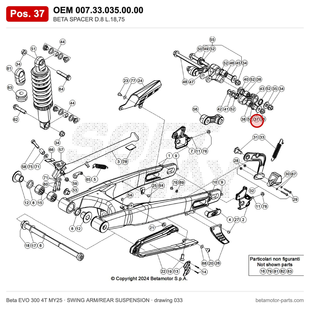 BETA SPACER D.8 L.18,75 – OEM 007.33.035.00.00, position 37 on the Beta EVO 300 4T MY25 swing arm/rear suspension drawing