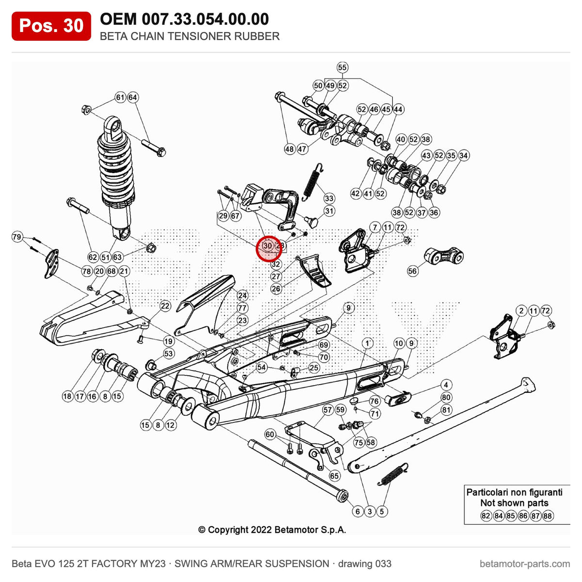 BETA CHAIN TENSIONER RUBBER – OEM 007.33.054.00.00, position 30 on the Beta EVO 125 2T FACTORY MY23 swing arm/rear suspension drawing