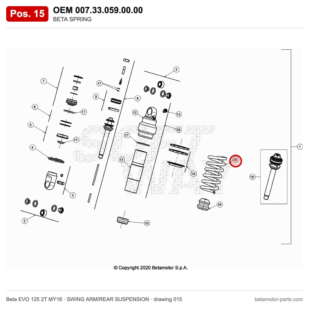 BETA SPRING – OEM 007.33.059.00.00, position 15 on the Beta EVO 125 2T MY16 swing arm/rear suspension drawing