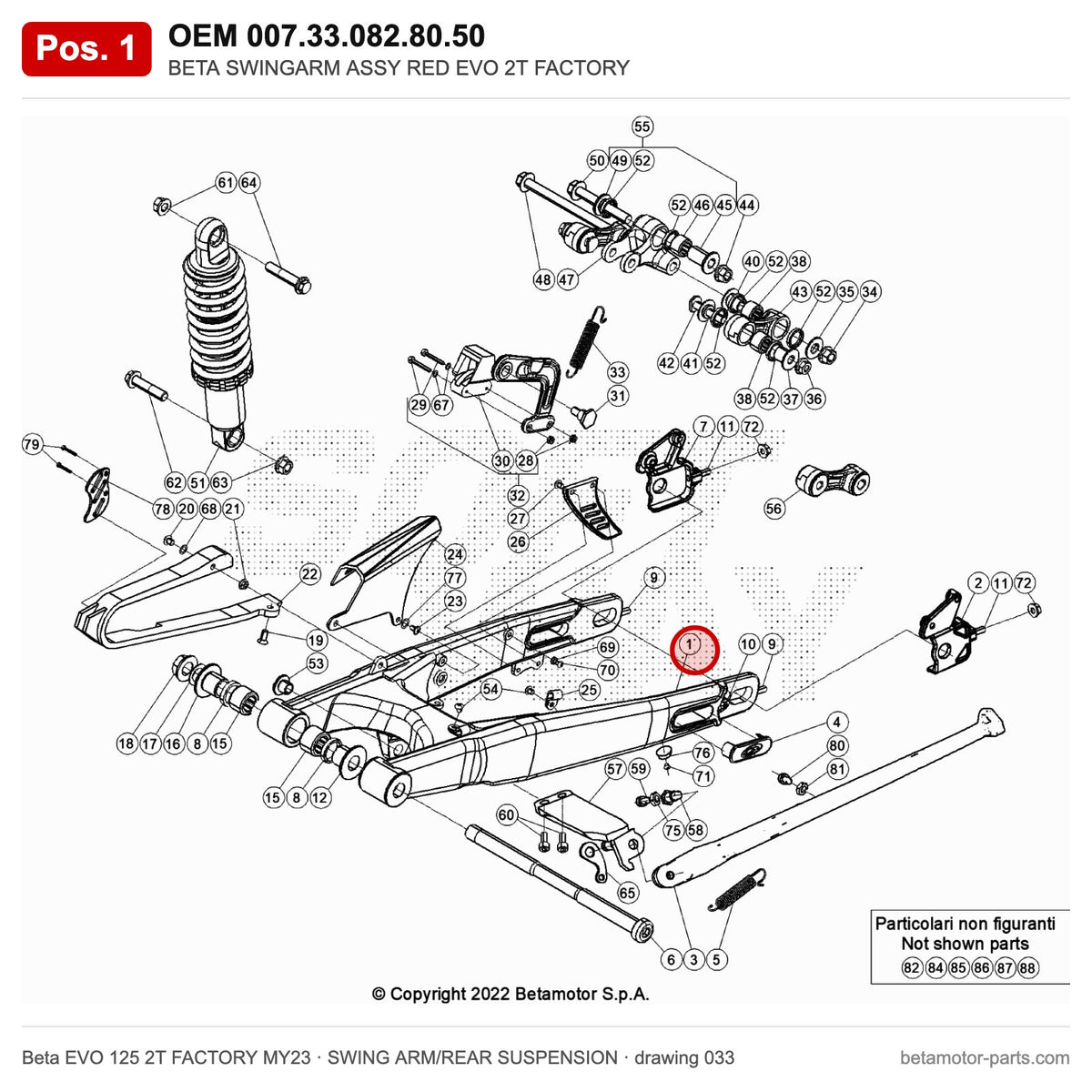 BETA SWINGARM ASSY RED EVO 2T FACTORY – OEM 007.33.082.80.50, position 1 on the Beta EVO 125 2T FACTORY MY23 swing arm/rear suspension drawing