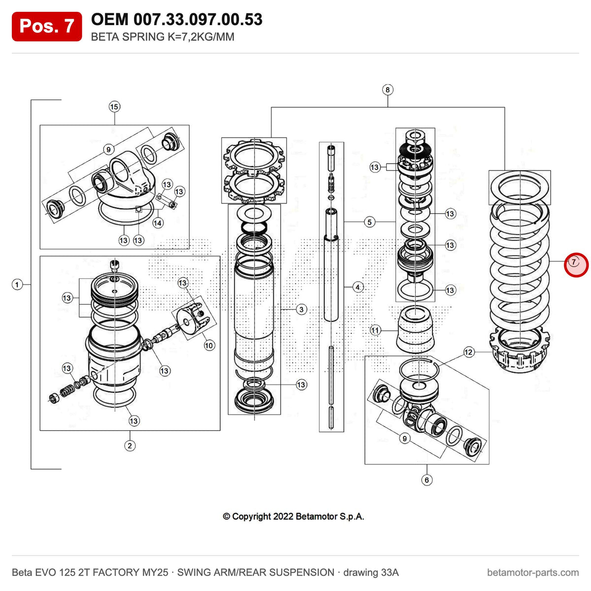 BETA SPRING K=7,2KG/MM – OEM 007.33.097.00.53, position 7 on the Beta EVO 125 2T FACTORY MY25 swing arm/rear suspension drawing