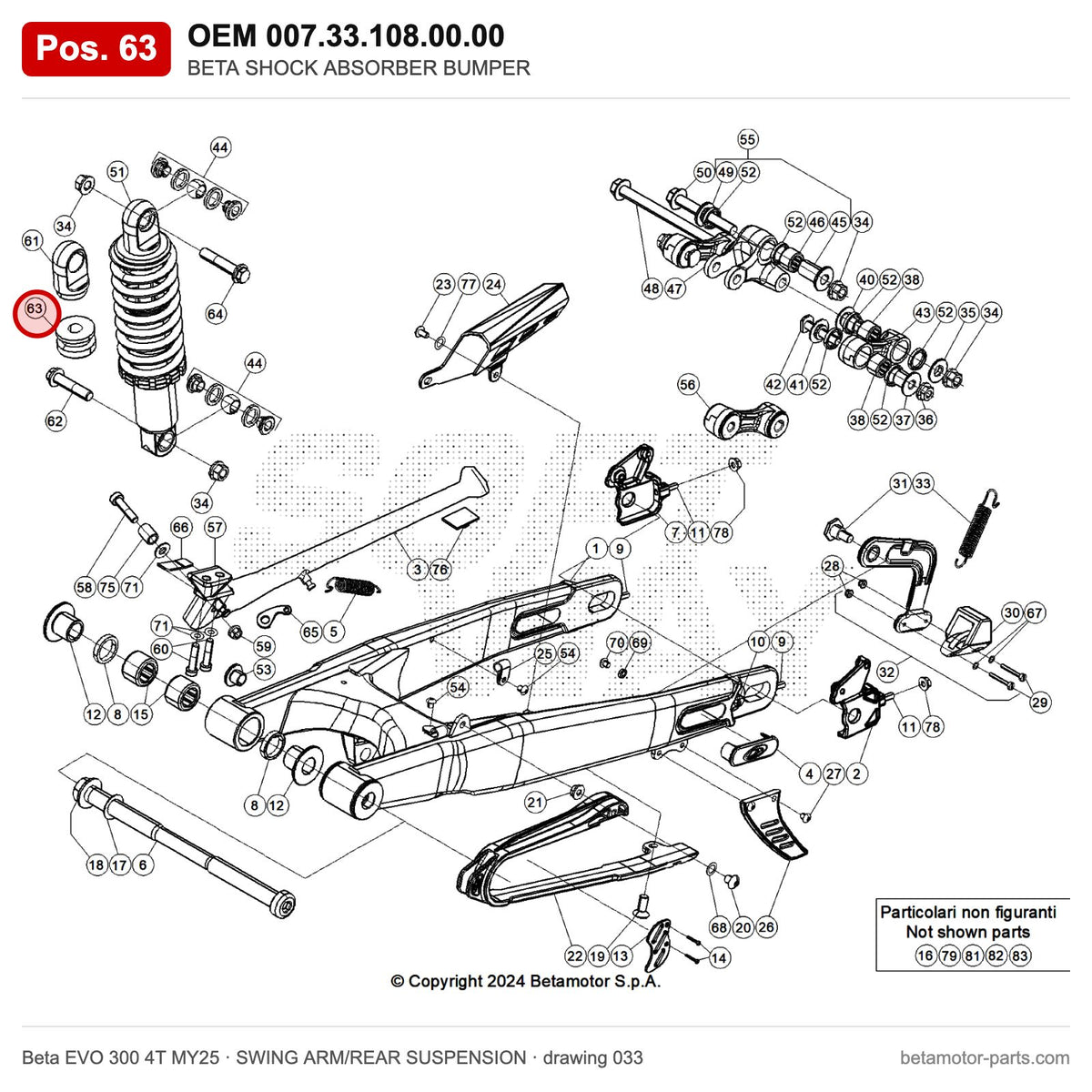 BETA SHOCK ABSORBER BUMPER – OEM 007.33.108.00.00, position 63 on the Beta EVO 300 4T MY25 swing arm/rear suspension drawing
