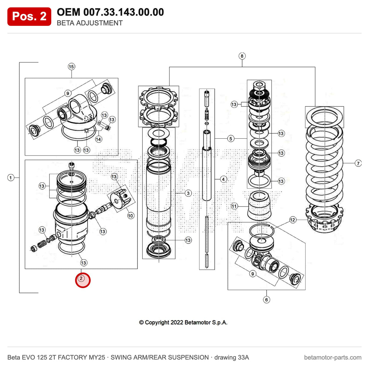 BETA ADJUSTMENT – OEM 007.33.143.00.00, position 2 on the Beta EVO 125 2T FACTORY MY25 swing arm/rear suspension drawing