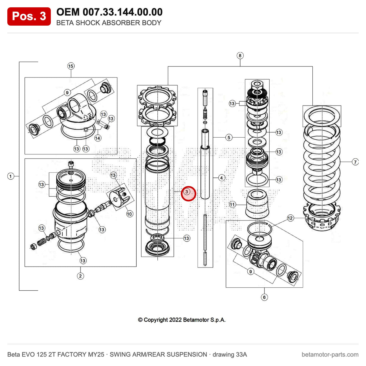 BETA SHOCK ABSORBER BODY – OEM 007.33.144.00.00, position 3 on the Beta EVO 125 2T FACTORY MY25 swing arm/rear suspension drawing