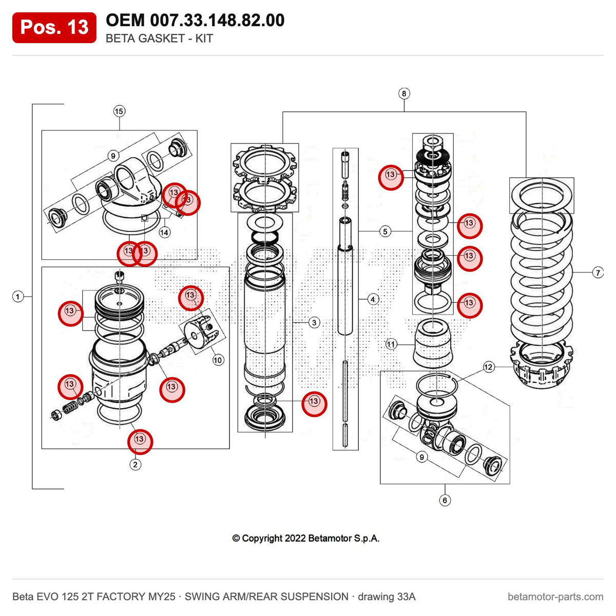 BETA GASKET - KIT – OEM 007.33.148.82.00, position 13 on the Beta EVO 125 2T FACTORY MY25 swing arm/rear suspension drawing