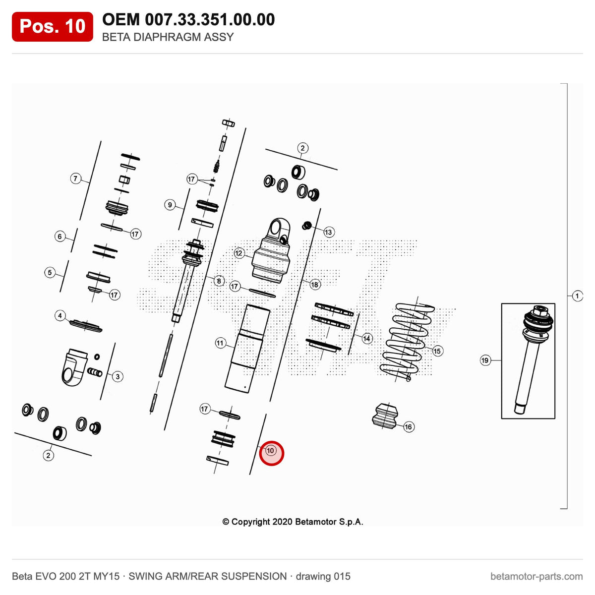 BETA DIAPHRAGM ASSY – OEM 007.33.351.00.00, position 10 on the Beta EVO 200 2T MY15 swing arm/rear suspension drawing