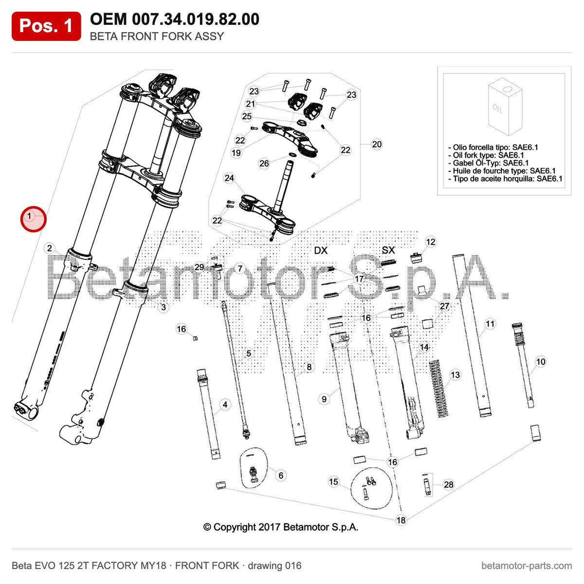 BETA FRONT FORK ASSY – OEM 007.34.019.82.00, position 1 on the Beta EVO 125 2T FACTORY MY18 front fork drawing