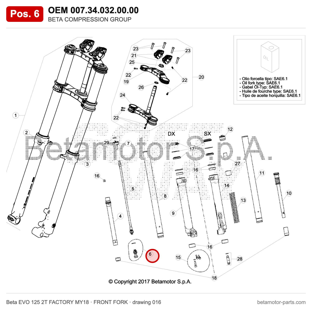 BETA COMPRESSION GROUP – OEM 007.34.032.00.00, position 6 on the Beta EVO 125 2T FACTORY MY18 front fork drawing