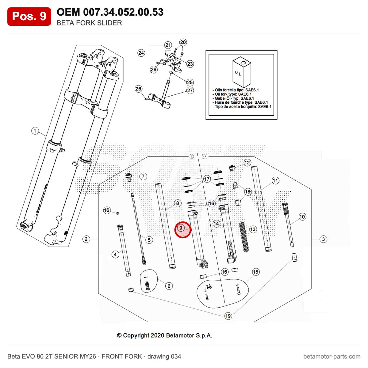 BETA FORK SLIDER – OEM 007.34.052.00.53, position 9 on the Beta EVO 80 2T SENIOR MY26 front fork drawing