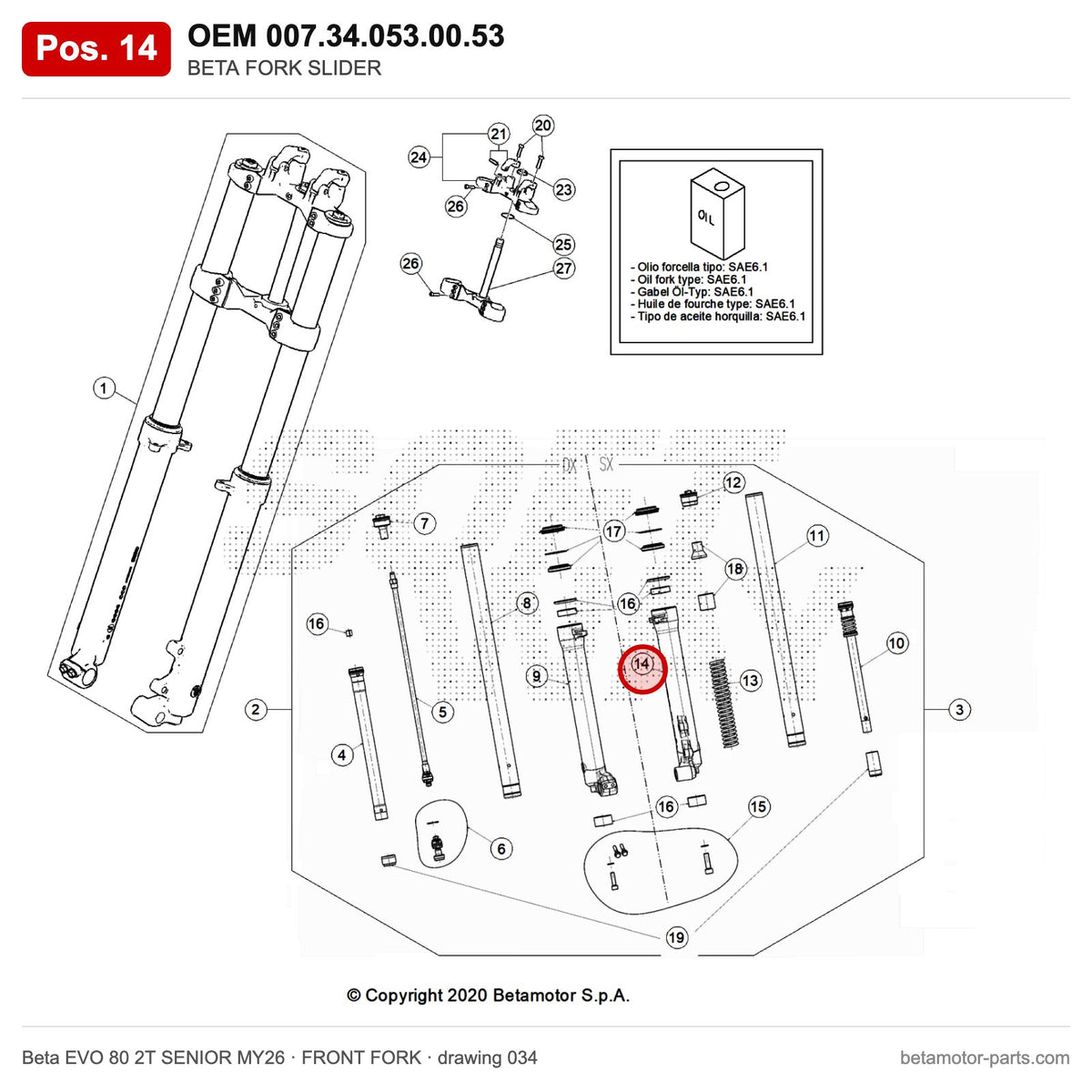 BETA FORK SLIDER – OEM 007.34.053.00.53, position 14 on the Beta EVO 80 2T SENIOR MY26 front fork drawing