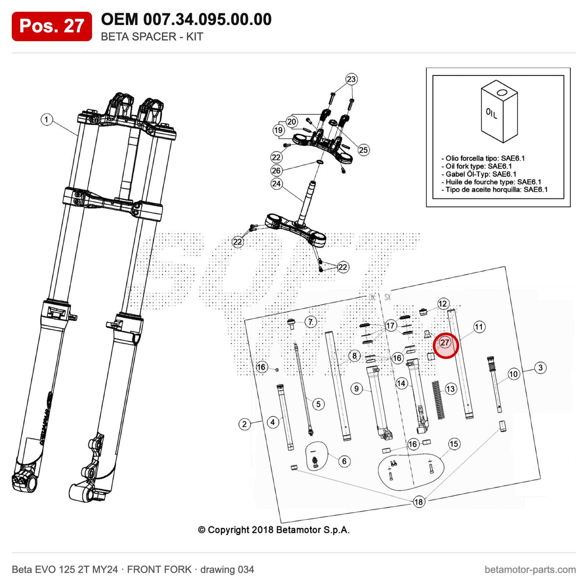 BETA SPACER - KIT – OEM 007.34.095.00.00, position 27 on the Beta EVO 125 2T MY24 front fork drawing