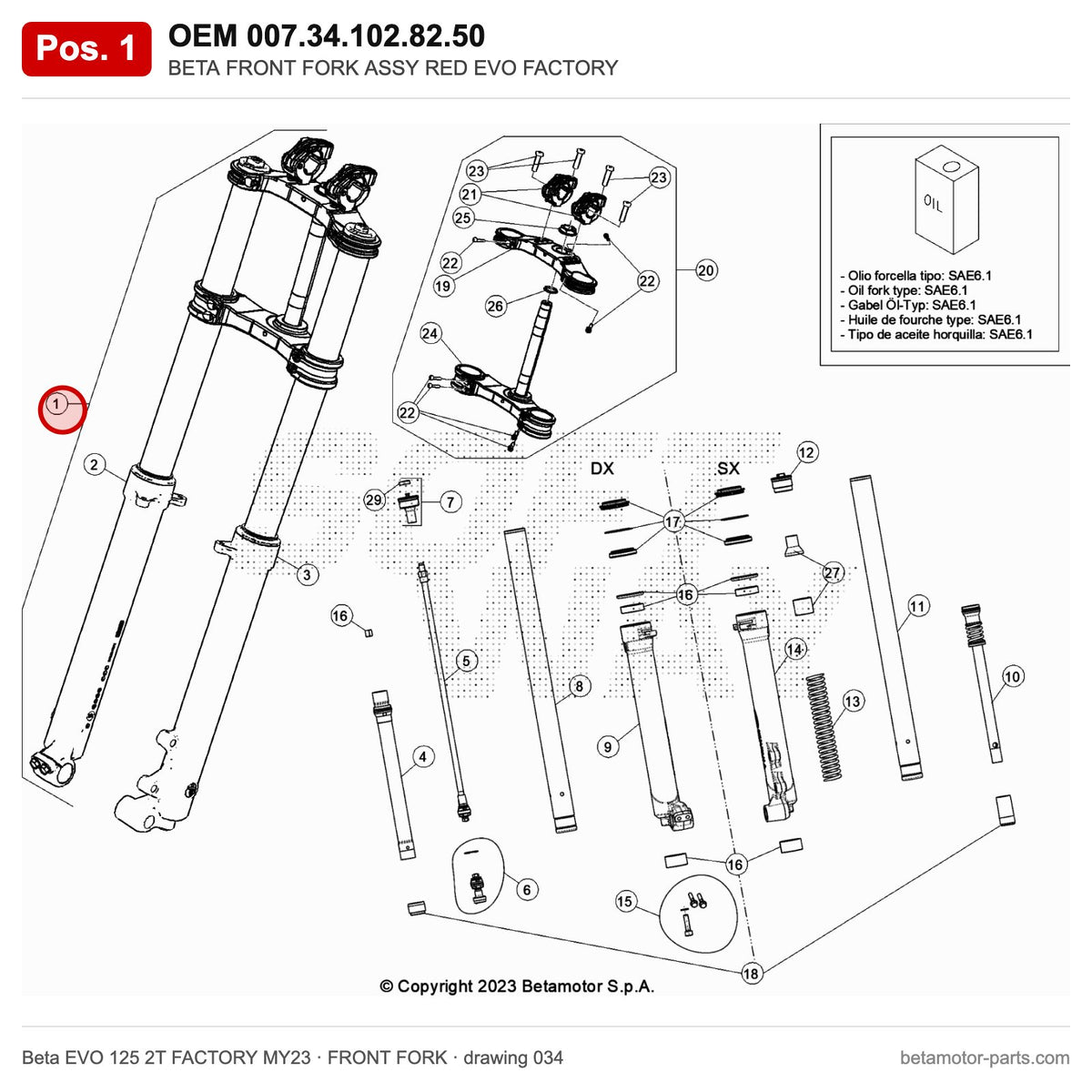 BETA FRONT FORK ASSY RED EVO FACTORY – OEM 007.34.102.82.50, position 1 on the Beta EVO 125 2T FACTORY MY23 front fork drawing