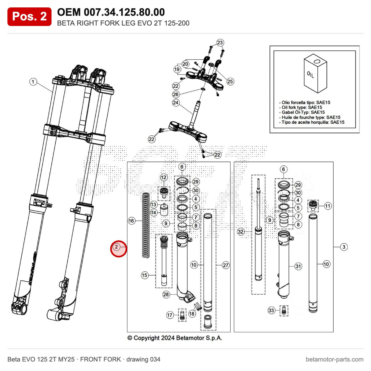 BETA RIGHT FORK LEG EVO 2T 125-200 – OEM 007.34.125.80.00, position 2 on the Beta EVO 125 2T MY25 front fork drawing