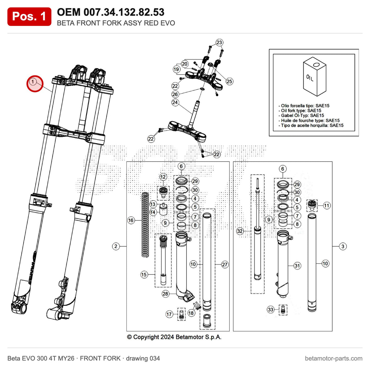 BETA FRONT FORK ASSY RED EVO – OEM 007.34.132.82.53, position 1 on the Beta EVO 300 4T MY26 front fork drawing