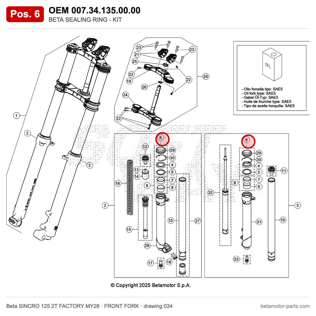BETA SEALING RING - KIT – OEM 007.34.135.00.00, position 6 on the Beta SINCRO 125 2T FACTORY MY26 front fork drawing