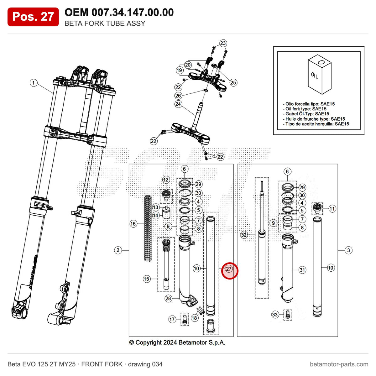BETA FORK TUBE ASSY_3 – OEM 007.34.147.00.00, position 27 on the Beta EVO 125 2T MY25 front fork drawing