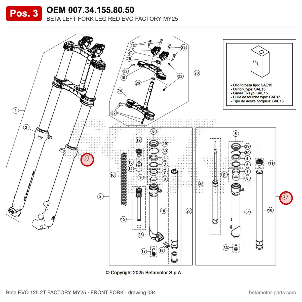 BETA LEFT FORK LEG RED EVO FACTORY MY25 – OEM 007.34.155.80.50, position 3 on the Beta EVO 125 2T FACTORY MY25 front fork drawing