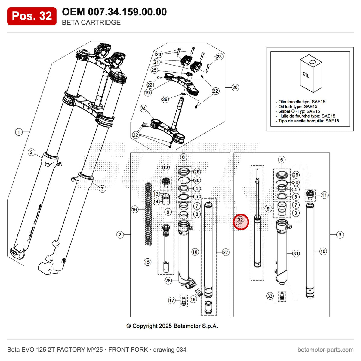BETA CARTRIDGE_3 – OEM 007.34.159.00.00, position 32 on the Beta EVO 125 2T FACTORY MY25 front fork drawing