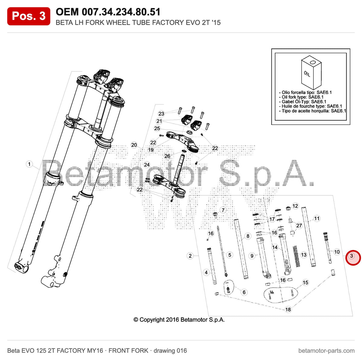 BETA LH FORK WHEEL TUBE FACTORY EVO 2T '15 – OEM 007.34.234.80.51, position 3 on the Beta EVO 125 2T FACTORY MY16 front fork drawing