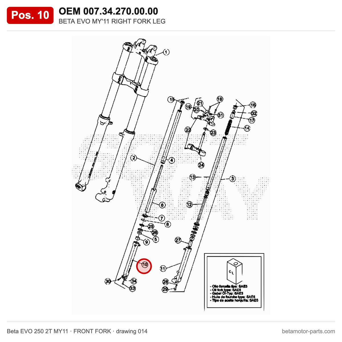 BETA EVO MY'11 RIGHT FORK LEG – OEM 007.34.270.00.00, position 10 on the Beta EVO 250 2T MY11 front fork drawing
